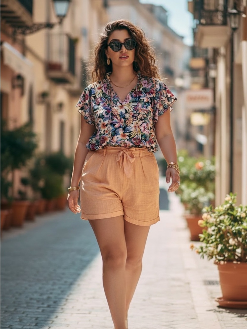 Alex & Lilli Floral Flutter Sleeve Smocked Hem Blouse Curvy Vibrant Boho Top